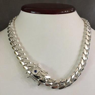 Cuban Link Necklace 11mm Zircon Sapphire 999 Silver